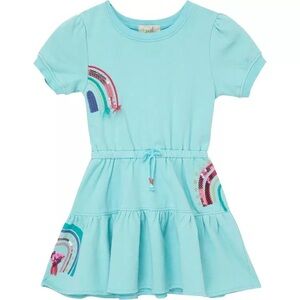 Peek Aqua Tiered Cotton Dress with Rainbow Appliqués